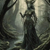 A dark, ethereal female figure with thorny hair and vine-like features stands by a flowing stream in a dense, misty forest.