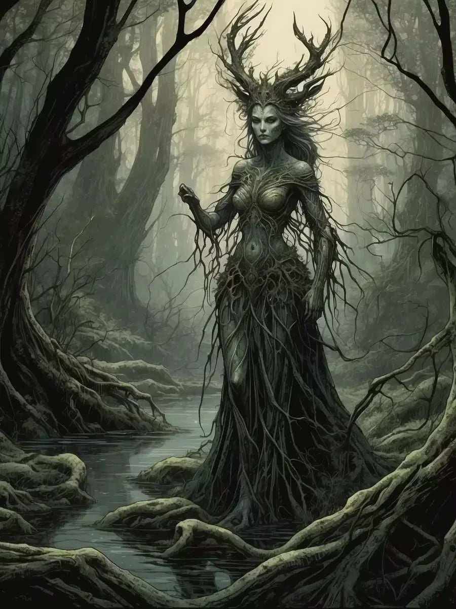 A dark, ethereal female figure with thorny hair and vine-like features stands by a flowing stream in a dense, misty forest.