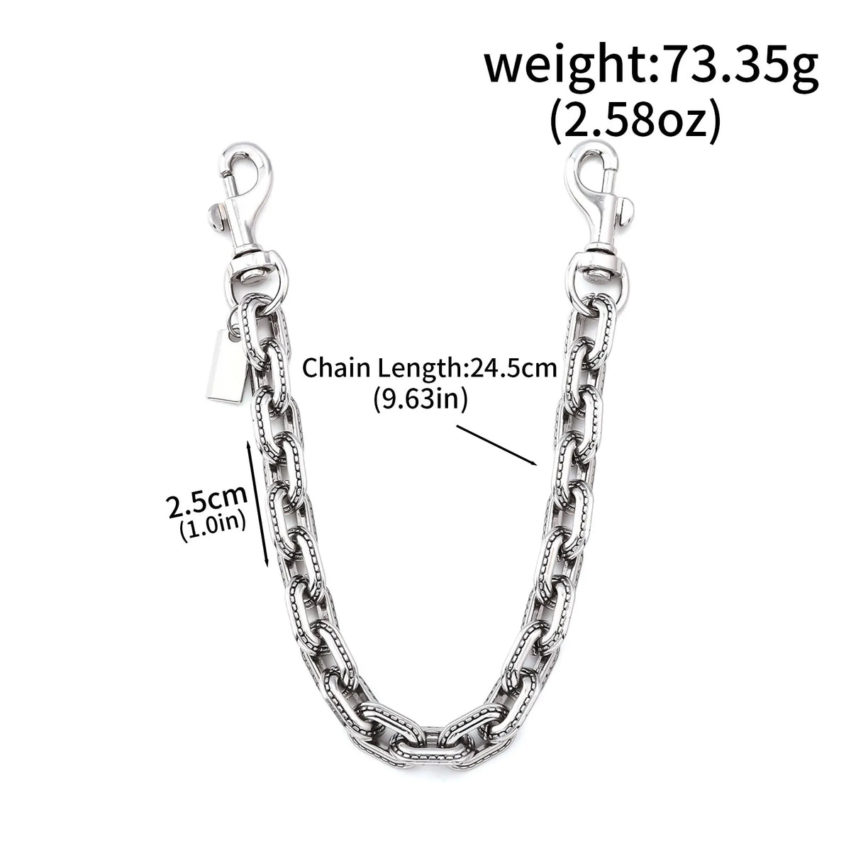 A silver two-tone metal chain bag pendant with a 2.5cm chain length and a weight of 73.35g.