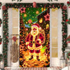 Christmas Santa and Elk Door Cover Banner featuring a festive scene with Santa Claus surrounded by Christmas lights and green