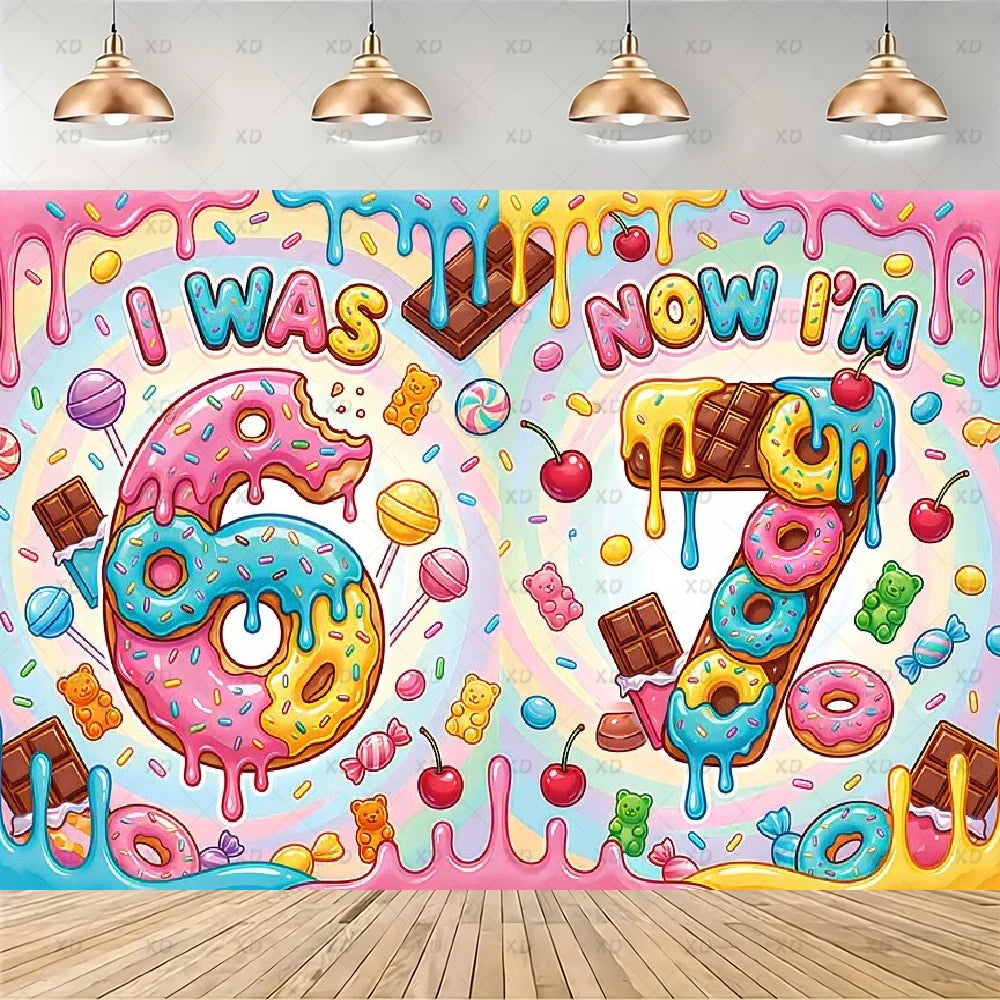 A colorful illustration showing the transition from the number six to seven with dripping icing and various candies.