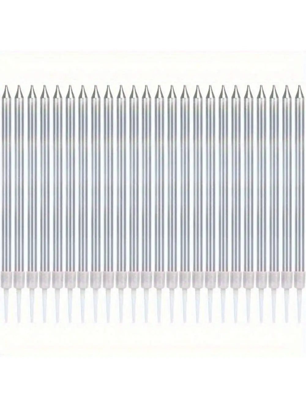 A row of silver birthday candles with white tips.