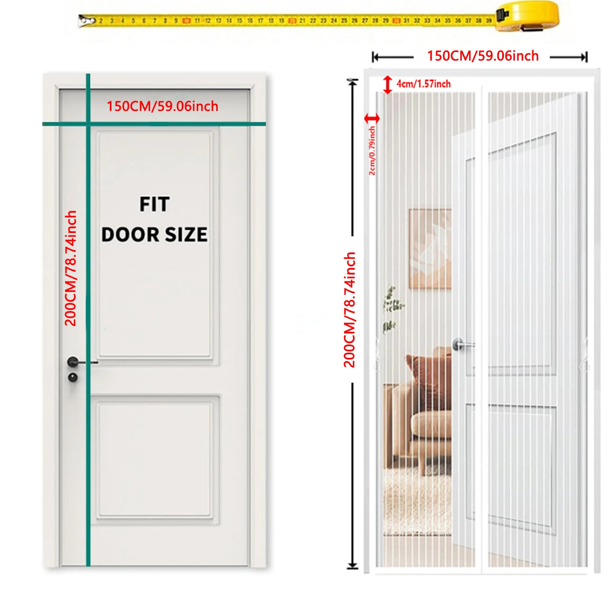 White magnetic automatic screen door curtain with a glass panel and vertical slats.