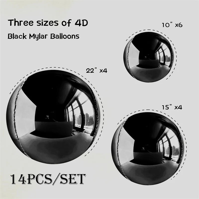 Three sizes of black Mylar balloons, including 10" x6 and 22" x4, packaged as a 14-piece set.