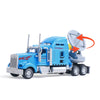 Blue container truck model with a large rotating dish antenna and a chaser arm mounted on the roof