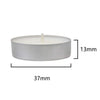 A white cylindrical tealight candle with a white wick, shown in a side profile view.