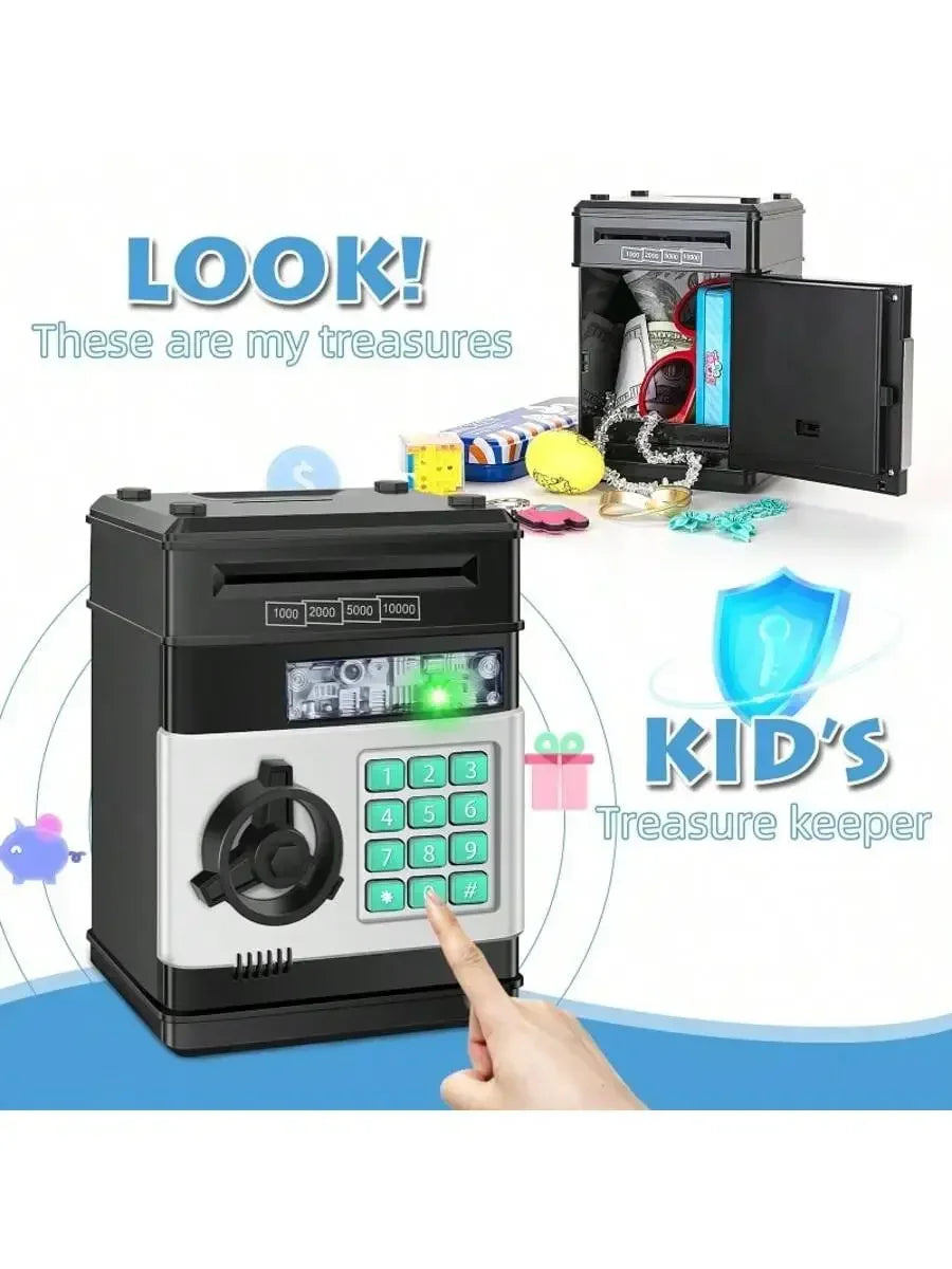 A black electronic treasure keeper piggy bank with a keypad and a coin is shown next to various treasures.