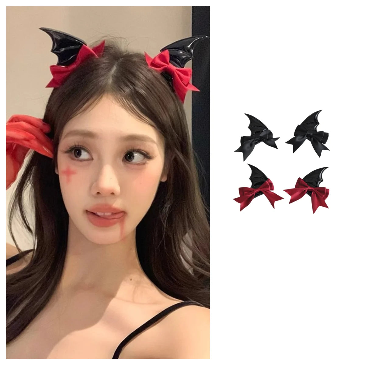 A set of black devil horn and bat wing hair clips in black and red for a Halloween costume