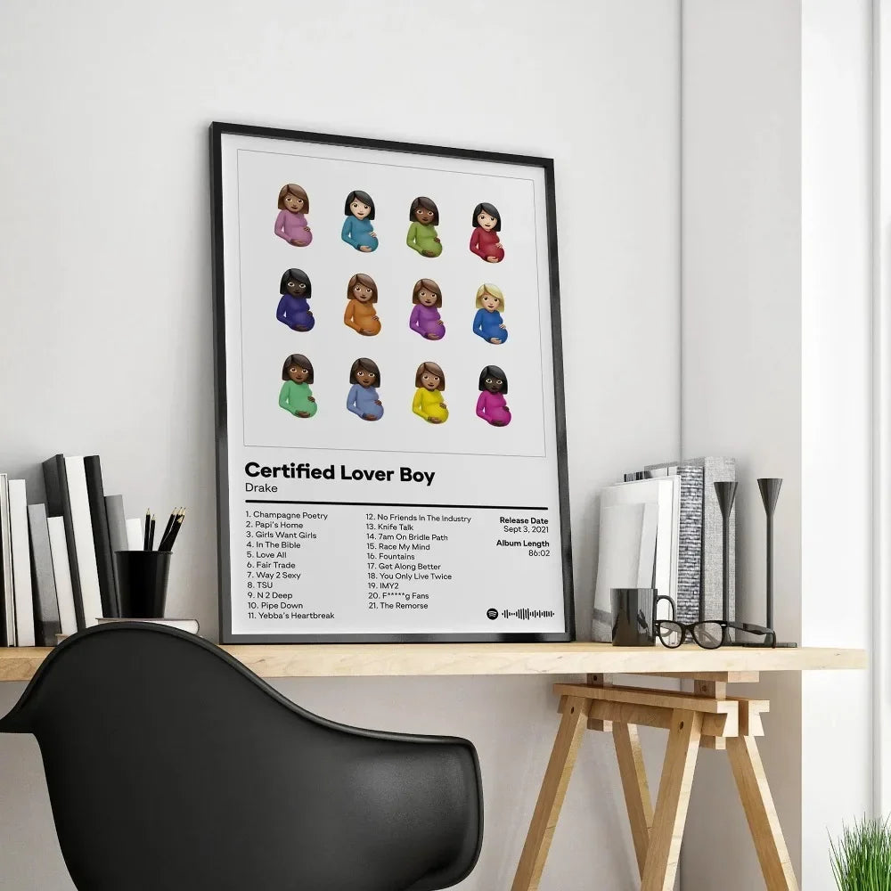 A framed canvas wall art featuring a grid of portraits from Drake's album covers for hip-hop music decor
