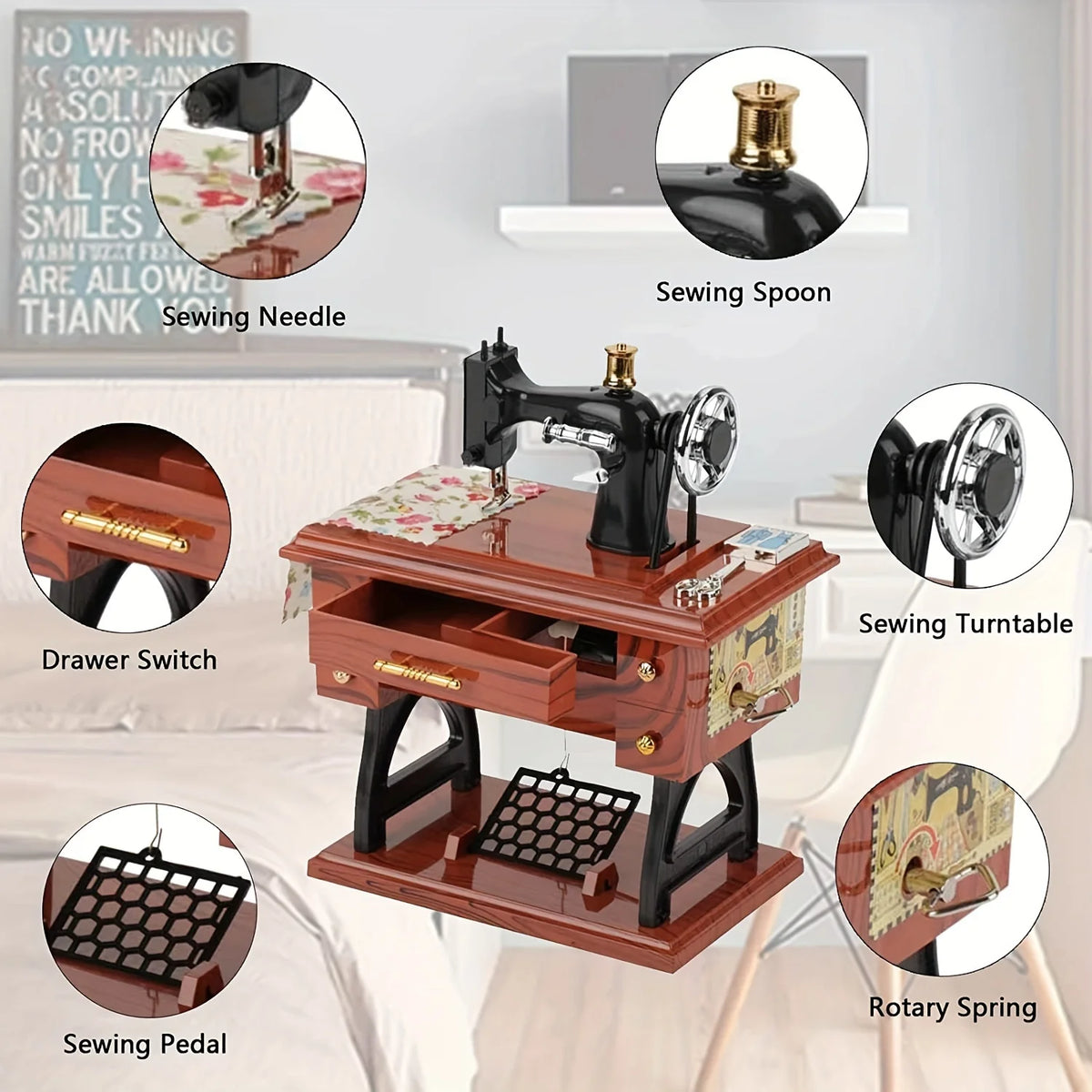A vintage sewing machine kit showing various components like a sewing spoon needle and rotary spring.