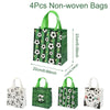 Four green non-woven bags featuring a soccer theme with black and white patterns.