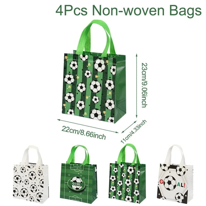 Four green non-woven bags featuring a soccer theme with black and white patterns.