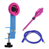 A pink and blue balloon stuffing tool kit featuring a metal inflator and a blue handle.