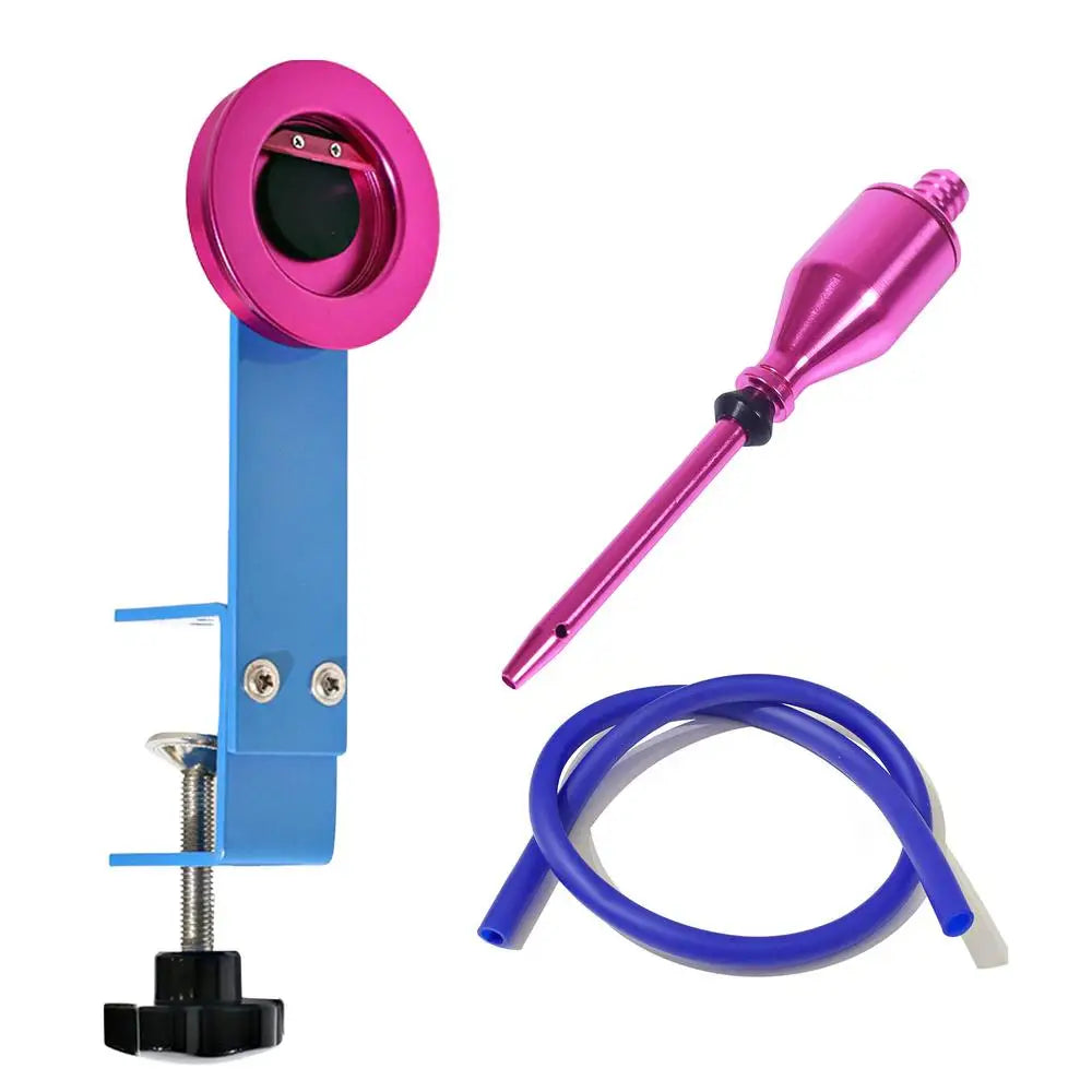 A pink and blue balloon stuffing tool kit featuring a metal inflator and a blue handle.