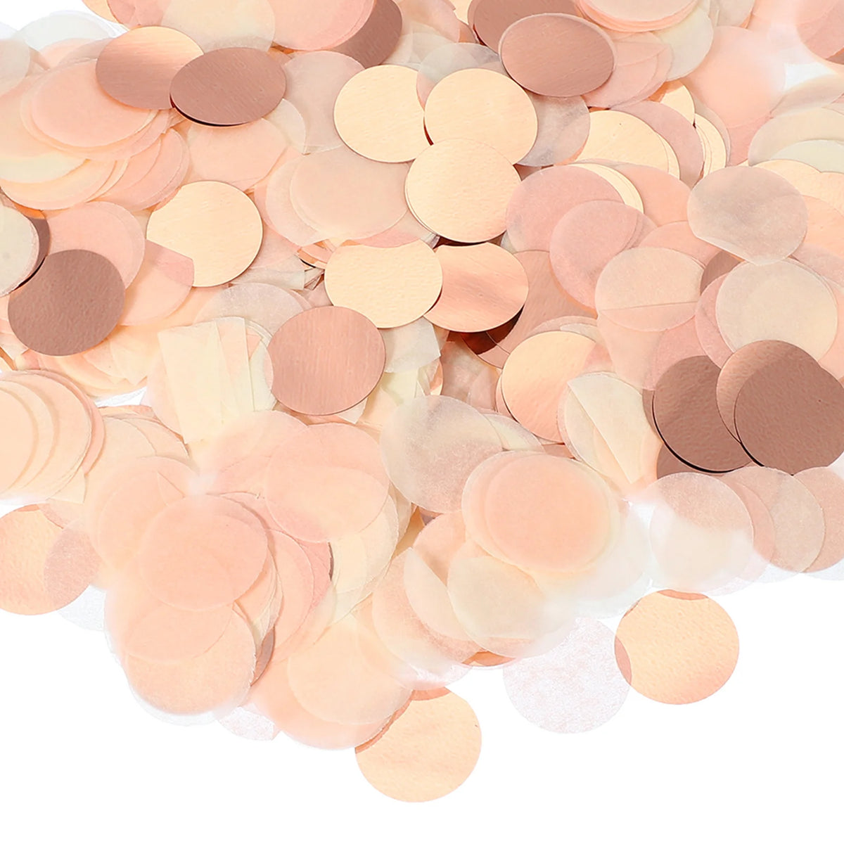 A pile of round tissue paper confetti dots in various shades of blush pink and nude.
