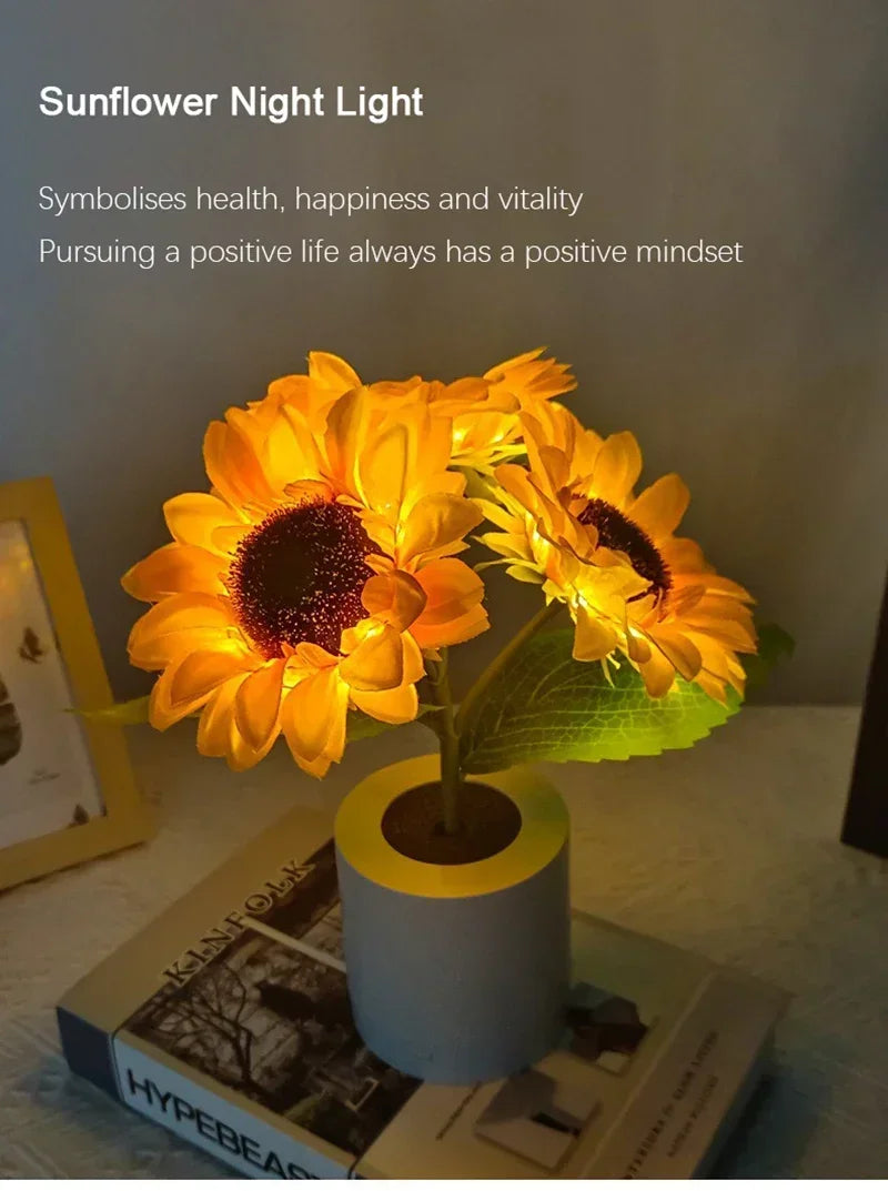 A bright yellow sunflower night light illuminates a dark room, symbolizing health and happiness.