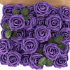 A bouquet of realistic purple foam roses with green leaves in a cardboard box.