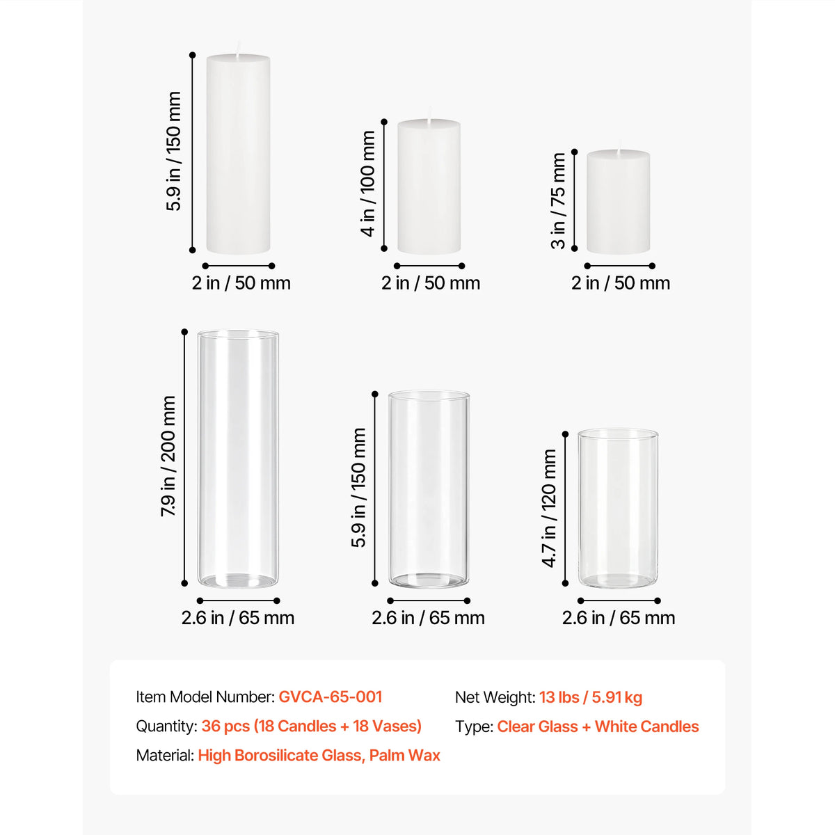 A set of clear glass cylinders with white pillar candles for weddings and home décor.