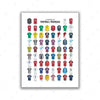 A vertical grid of football numbers in various colors and styles for wall art print