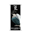 A vertical black banner featuring the Death Note anime character L and Japanese text.