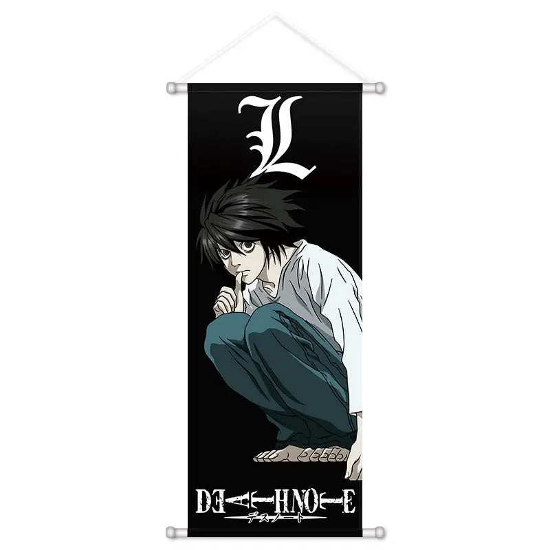 A vertical black banner featuring the Death Note anime character L and Japanese text.