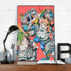 A vibrant anime poster featuring characters from JoJo's Bizarre Adventure in a dynamic composition.