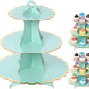 A light blue 3-tier cupcake stand with pink and green accents for dessert displays.