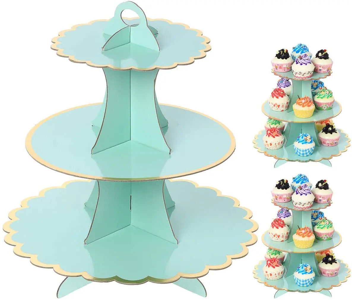 A light blue 3-tier cupcake stand with pink and green accents for dessert displays.