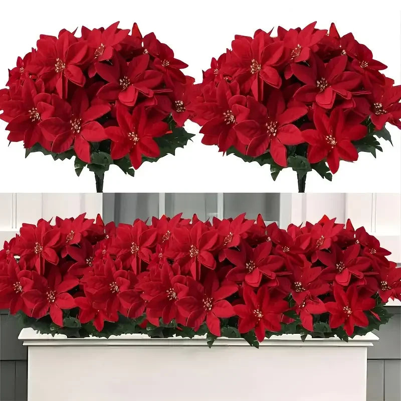 A bouquet of realistic artificial red poinsettia flowers for holiday decoration.