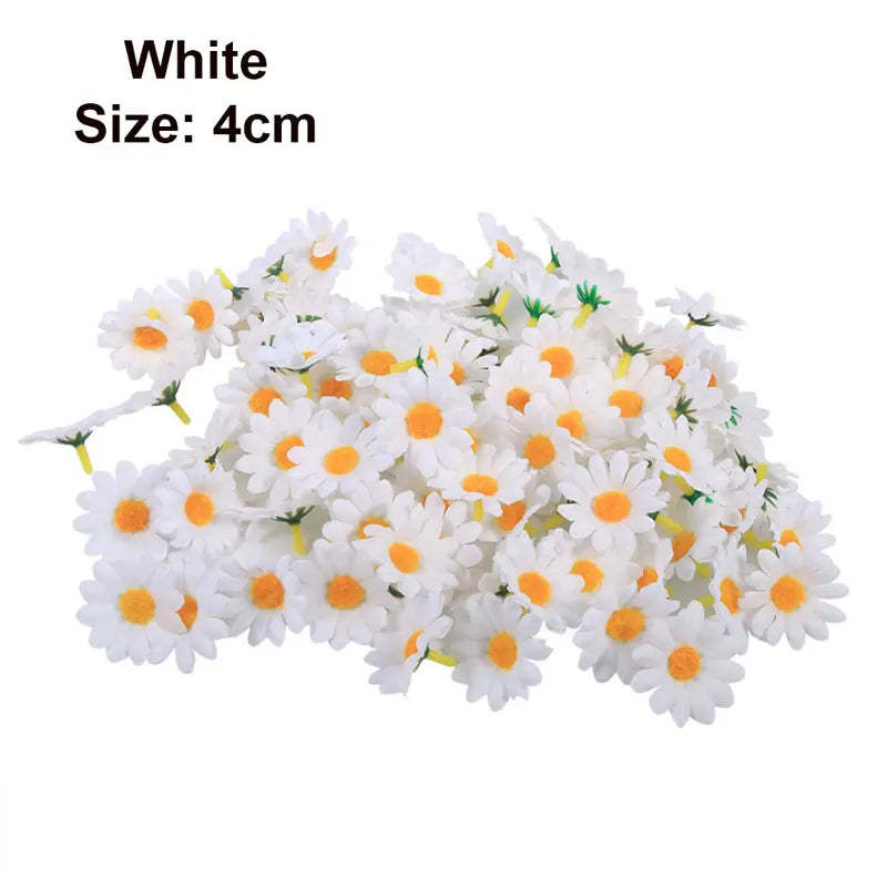 A cluster of white artificial daisy and sunflower heads used for DIY and wedding decor.