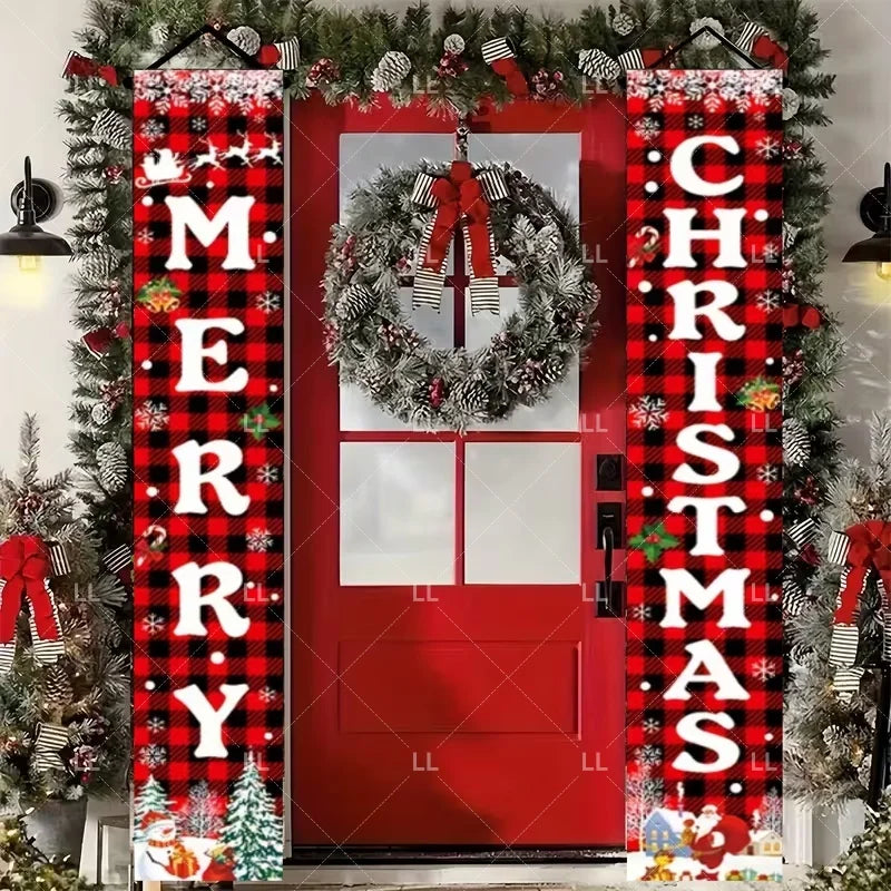 A festive red door banner decorated with Christmas wreaths and holiday greetings on a green garland backdrop.