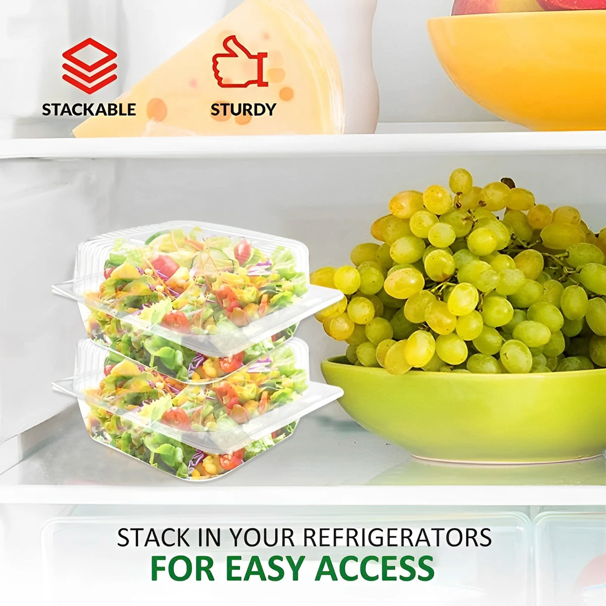 Stackable clear plastic cake slice boxes with lids for easy access in refrigerators