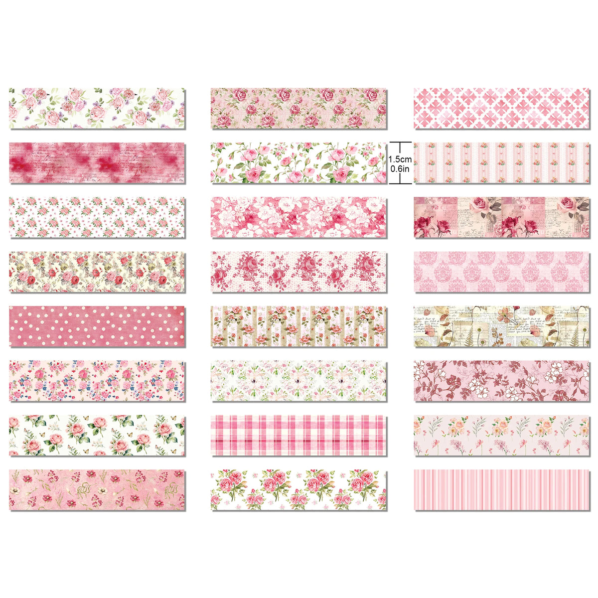 A collection of 12 rolls of retro floral washi tape in various pink and green patterns for crafting and journaling.