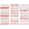 A collection of 12 rolls of retro floral washi tape in various pink and cream shades for crafting and gift wrapping.