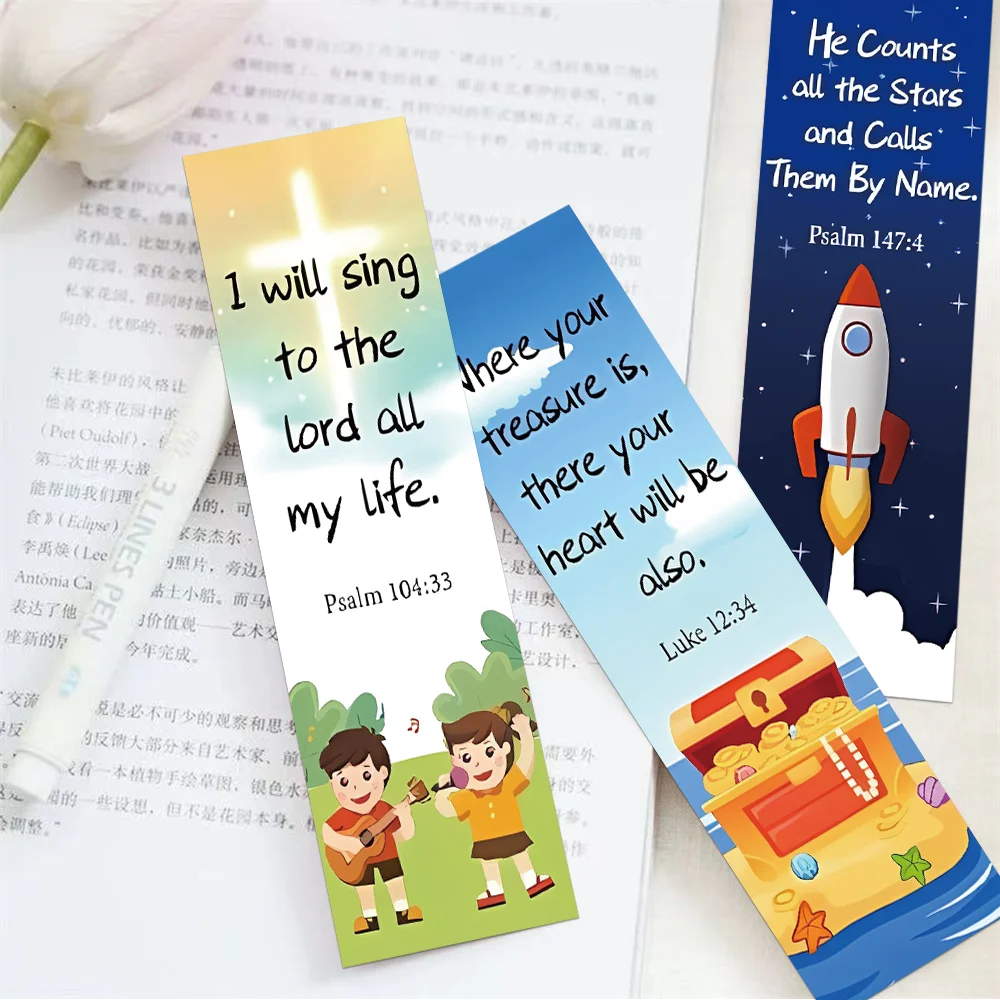 A set of three inspirational Bible verse bookmarks featuring Psalms and Luke verses with illustrations and text