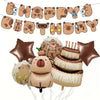 A set of capybara themed birthday decorations including foil balloons and a banner