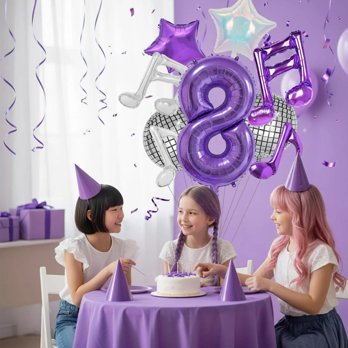Three children celebrate with a purple musical number balloon decoration featuring the number 8 and musical notes.