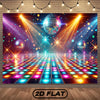 A vibrant disco dance floor backdrop banner featuring a reflective grid pattern and bright lights.