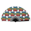 A white folding hand fan with a repeating pattern of text that says Your Design Here.