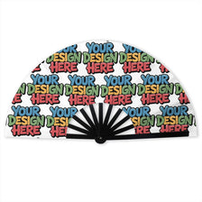 A white folding hand fan with a repeating pattern of text that says Your Design Here.