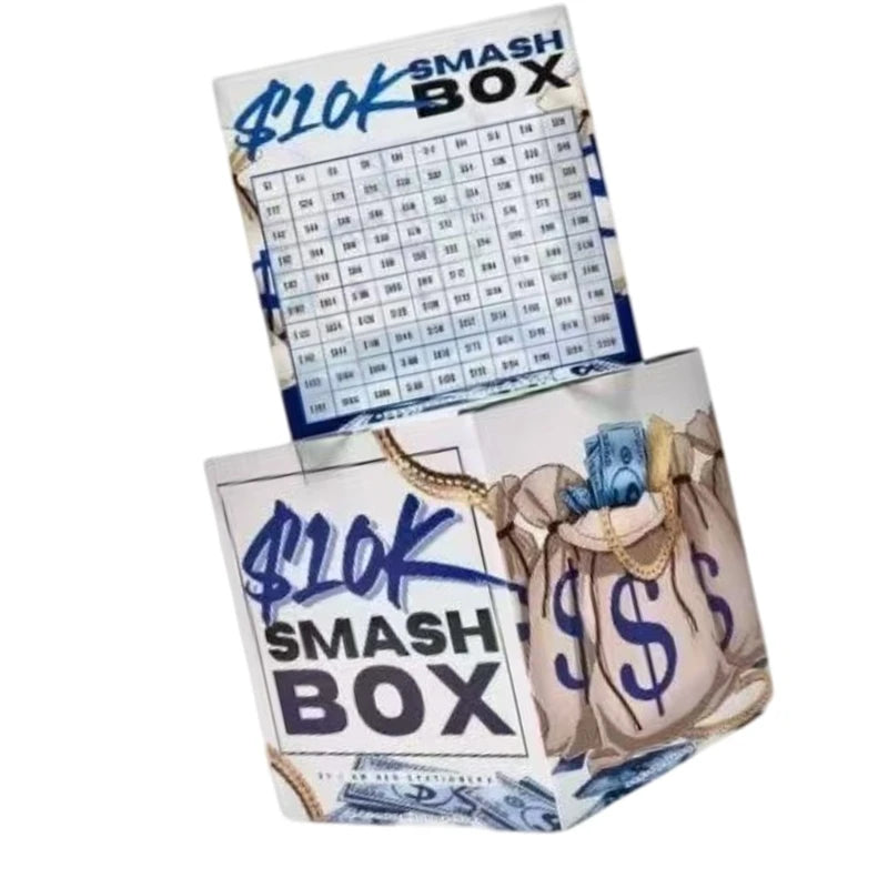 A box labeled $10K SMASH BOX featuring a grid of dollar amounts and a gold chain.
