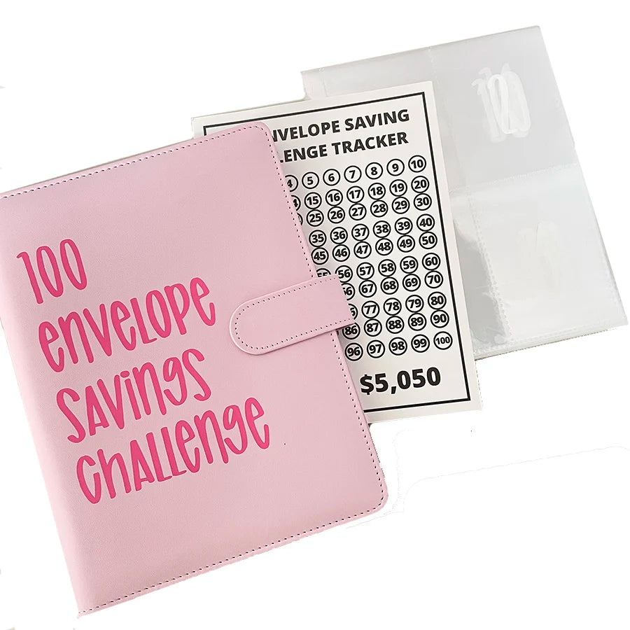 Pink A5 binder for a 100 envelope savings challenge with numbered pockets and a price tag
