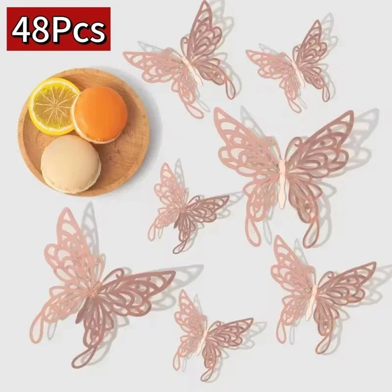 48 pieces of decorative 3D pink butterfly wall stickers for home decor with a slice of lemon and an orange.