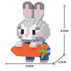 A gray and pink rabbit model built from LEGO bricks, wearing an orange vest and blue pants.