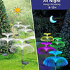 Solar jellyfish garden lights illuminating plants and trees during daytime and night.