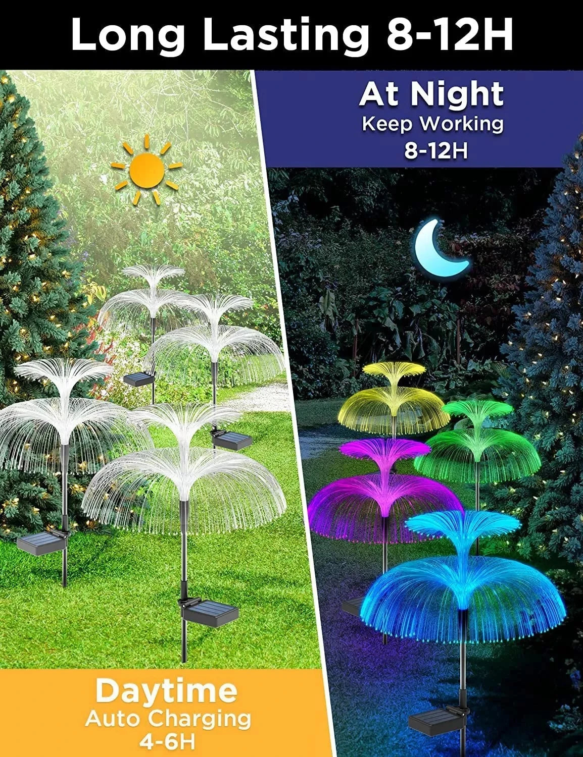 Solar jellyfish garden lights illuminating plants and trees during daytime and night.