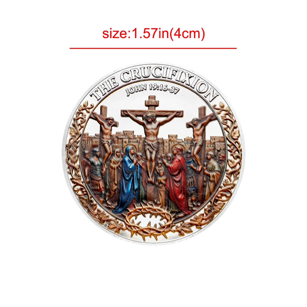A round commemorative coin depicting the crucifixion of Jesus Christ with surrounding decorative elements.
