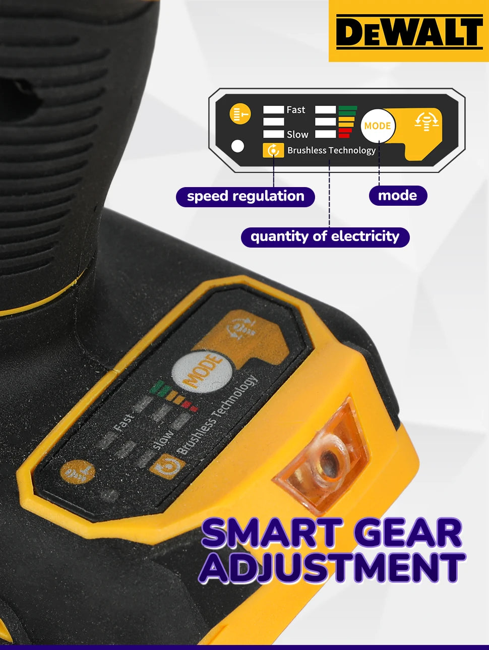 لقطة مقربة لأداة DEWALT لاسلكية صفراء وسوداء تظهر خيارات اختيار وضع لتنظيم السرعة وتقنية بدون فرشاة
