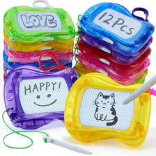 A set of twelve mini magnetic drawing boards in various colors, including green, yellow, purple, and pink, with a white keych