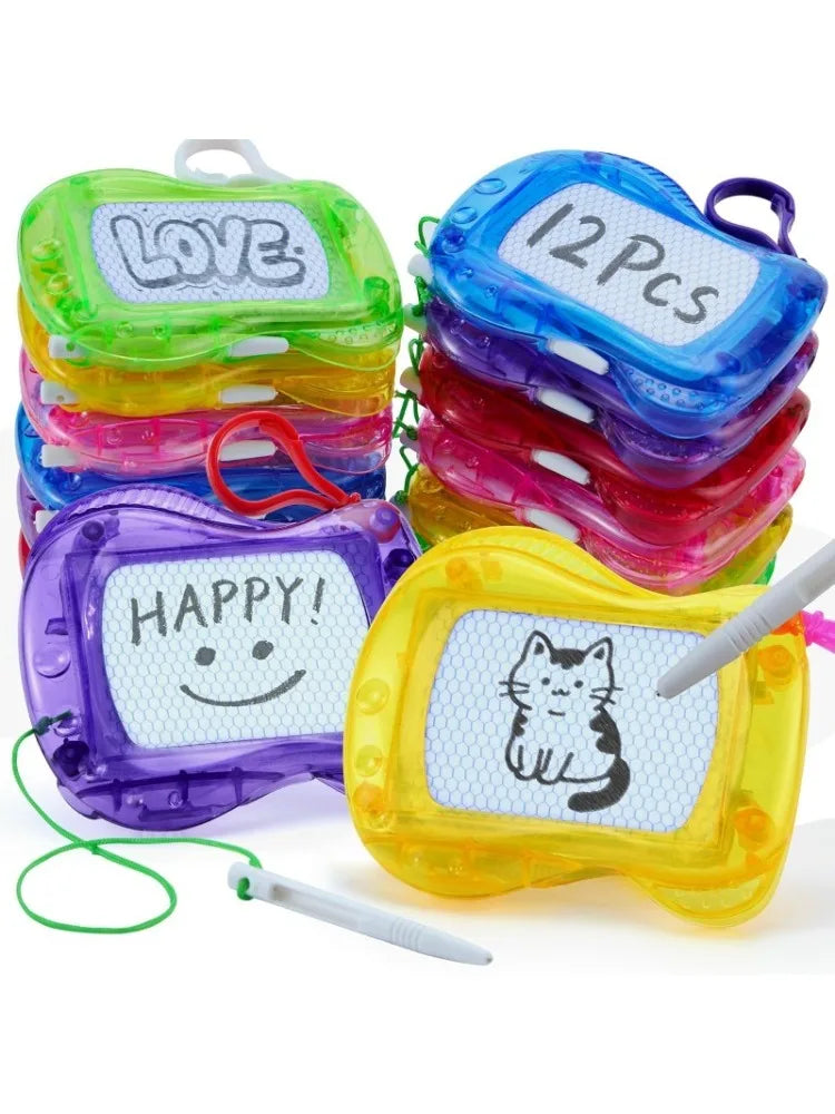 A set of twelve mini magnetic drawing boards in various colors, including green, yellow, purple, and pink, with a white keych